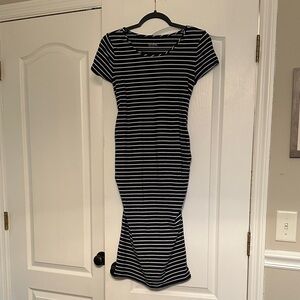 Isabel Maternity Navy and White Striped Midi Dress